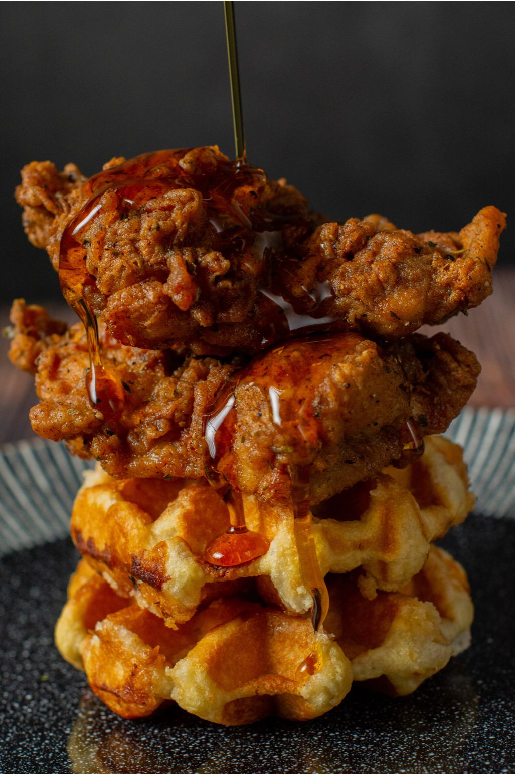 Tallow-Fried Chicken over Belgian Waffles with Honey Drizzle