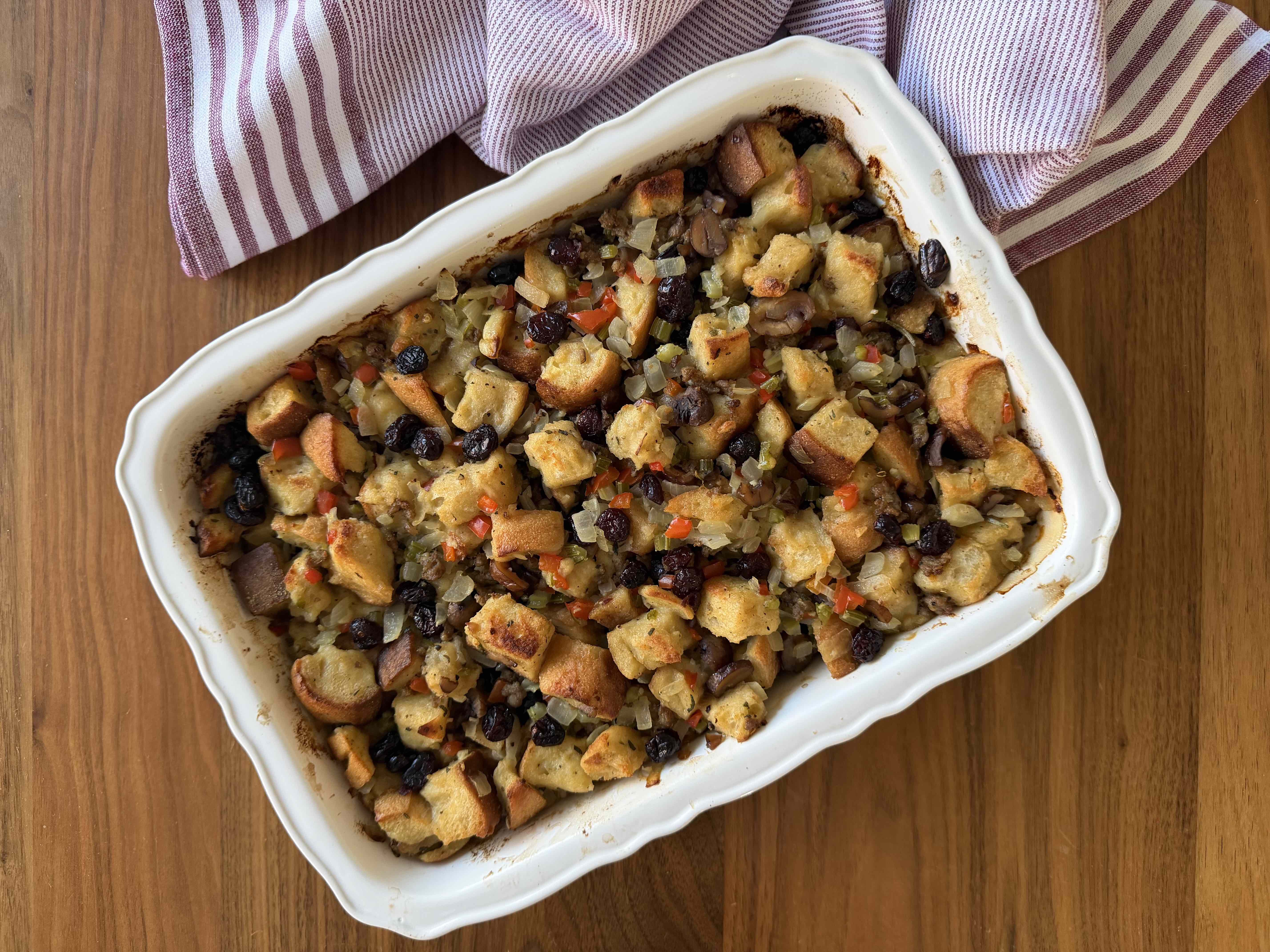 Beef Tallow Holiday Stuffing with Sausage, Roasted Chestnuts, and Cranberries
