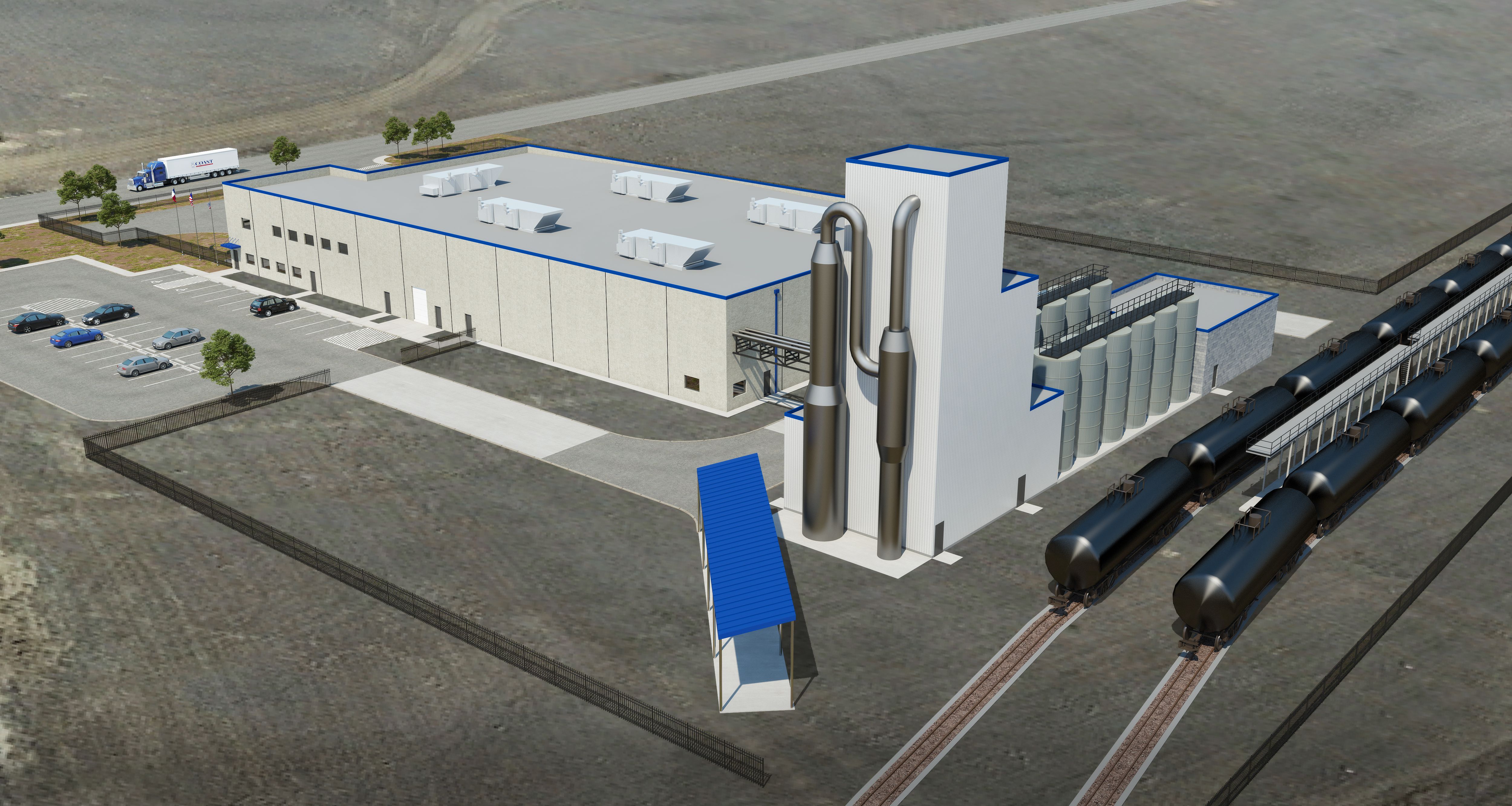 Digital rendering of Coast Packing Company’s new Edible Oils Refinery and Packaging Facility, located at 9400 Centerport Blvd